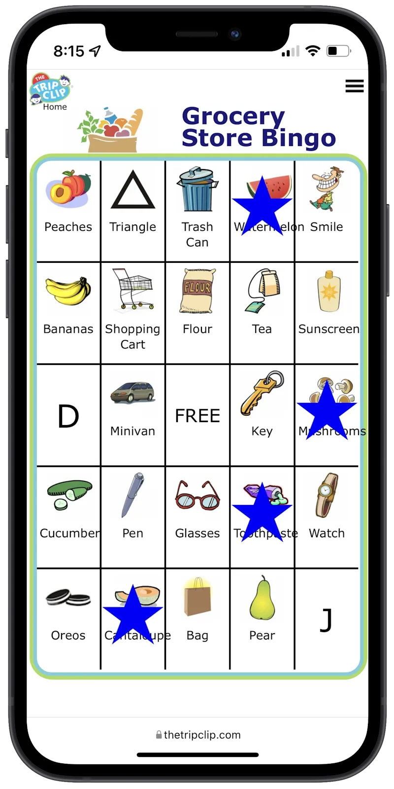 Bingo board on iphone with groceries at the top and titled Grocery Store Bingo